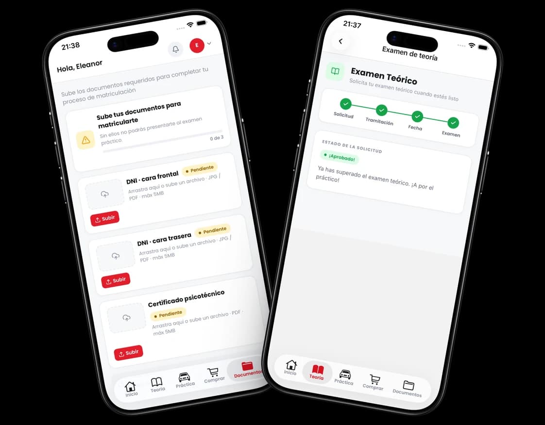 App Autius: subida de documentos y estado de la solicitud de examen teórico en dos pantallas