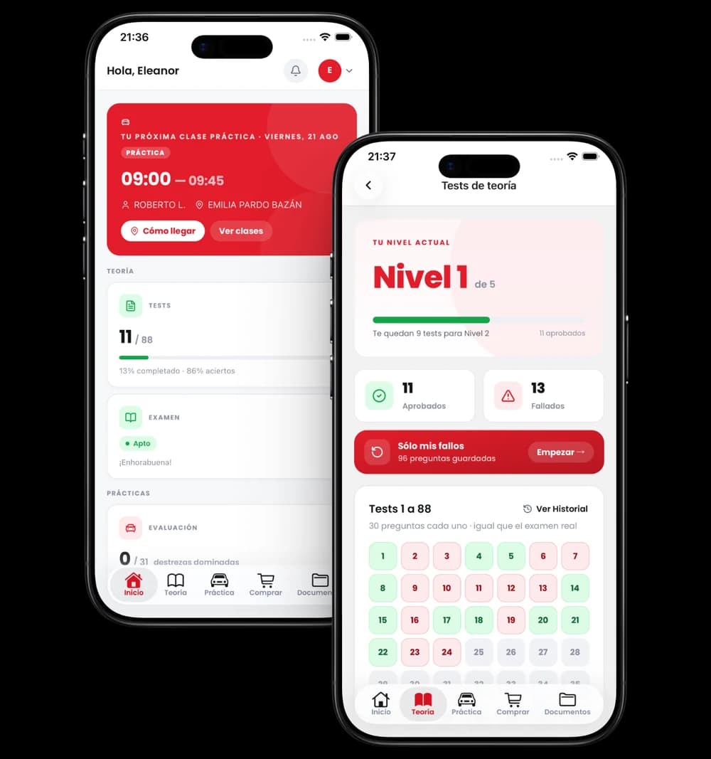 App Autius: pantalla de inicio y tests de teoría en el móvil